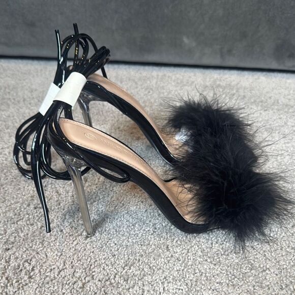 Women Wild Diva Black Open Toe Feathered Lace Up Stiletto High Heel Size 6.5 NEW - Picture 3 of 12